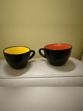 Black Ceramic espresso Mugs with Yellow and orange Interiors - Set of 2